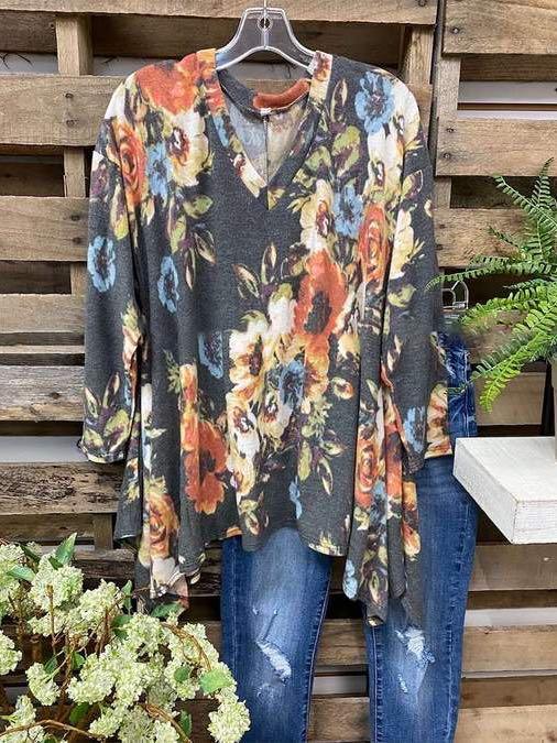 Bohemian Floral Print Irregular Hem Casual T-Shirt - INS | Online Fashion Free Shipping Clothing, Dresses, Tops, Shoes