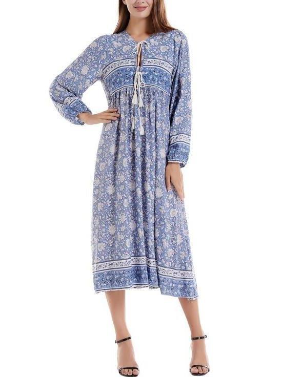 Bohemian Floral Print Neck Tie Maxi Dress - Maxi Dresses - INS | Online Fashion Free Shipping Clothing, Dresses, Tops, Shoes - 08/04/2021 - Autumn - Blue