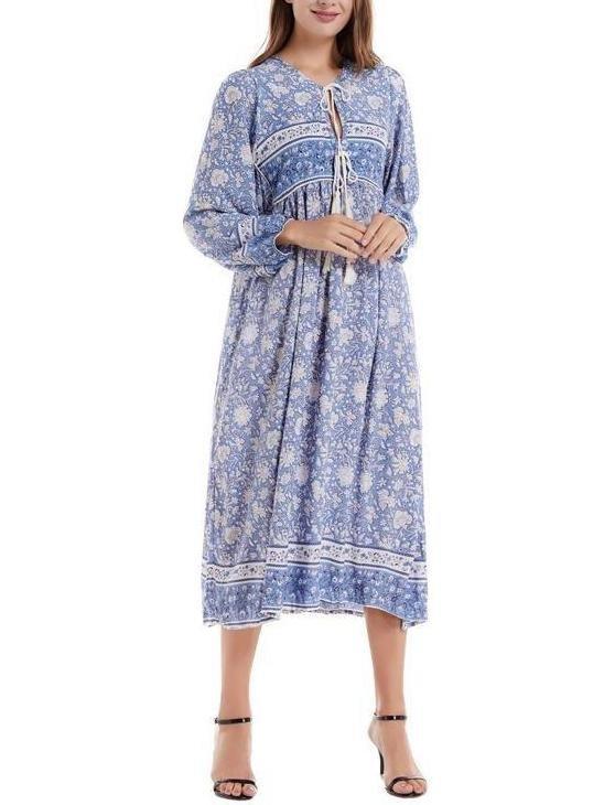 Bohemian Floral Print Neck Tie Maxi Dress - Maxi Dresses - INS | Online Fashion Free Shipping Clothing, Dresses, Tops, Shoes - 08/04/2021 - Autumn - Blue