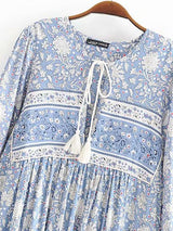 Bohemian Floral Print Neck Tie Maxi Dress - Maxi Dresses - INS | Online Fashion Free Shipping Clothing, Dresses, Tops, Shoes - 08/04/2021 - Autumn - Blue