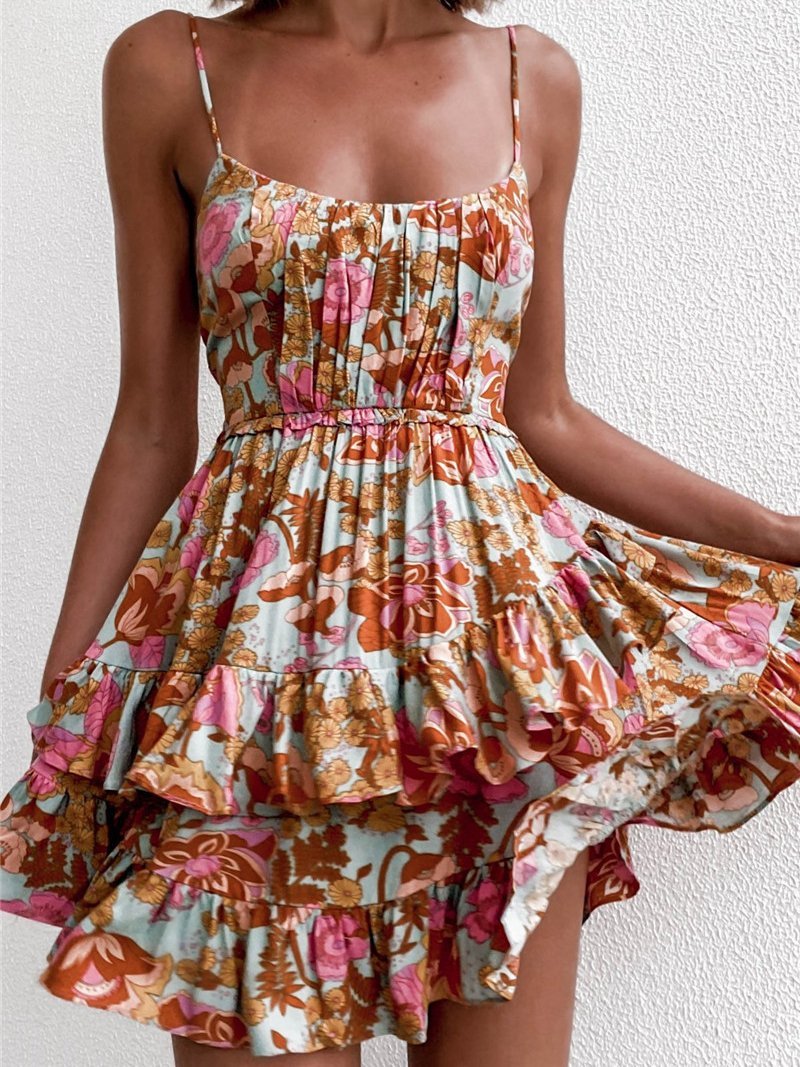Bohemian Floral Print Short Sling Dress - Mini Dresses - INS | Online Fashion Free Shipping Clothing, Dresses, Tops, Shoes - 02/07/2021 - 20-30 - color-dark-red
