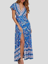 Bohemian Lace-Up Short Sleeve V-Neck Printed Dress - Maxi Dresses - INS | Online Fashion Free Shipping Clothing, Dresses, Tops, Shoes - 19/07/2021 - 20-30 - Category_Maxi Dresses