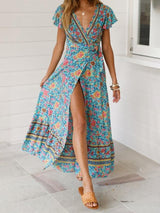 Bohemian Lace-Up Short Sleeve V-Neck Printed Dress - Maxi Dresses - INS | Online Fashion Free Shipping Clothing, Dresses, Tops, Shoes - 19/07/2021 - 20-30 - Category_Maxi Dresses