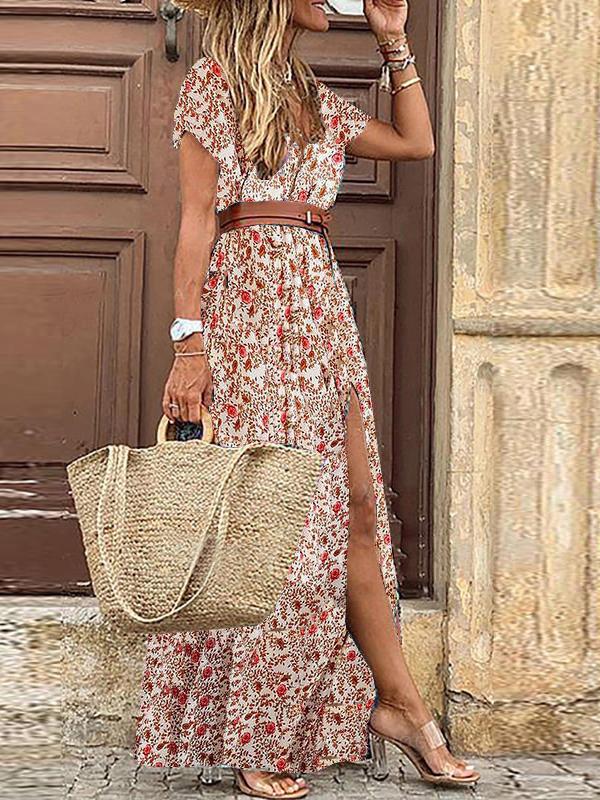 Bohemian Long Short Sleeve Printed V Neck Slit Dress - Maxi Dresses - INS | Online Fashion Free Shipping Clothing, Dresses, Tops, Shoes - 20-30 - 22/07/2021 - color-blue