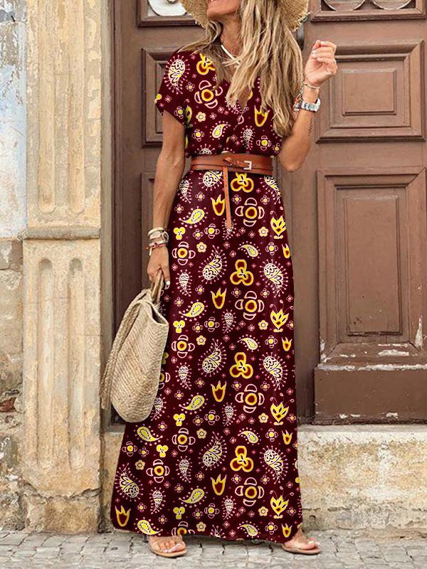 Bohemian Long Short Sleeve Printed V Neck Slit Dress - Maxi Dresses - INS | Online Fashion Free Shipping Clothing, Dresses, Tops, Shoes - 20-30 - 22/07/2021 - color-blue