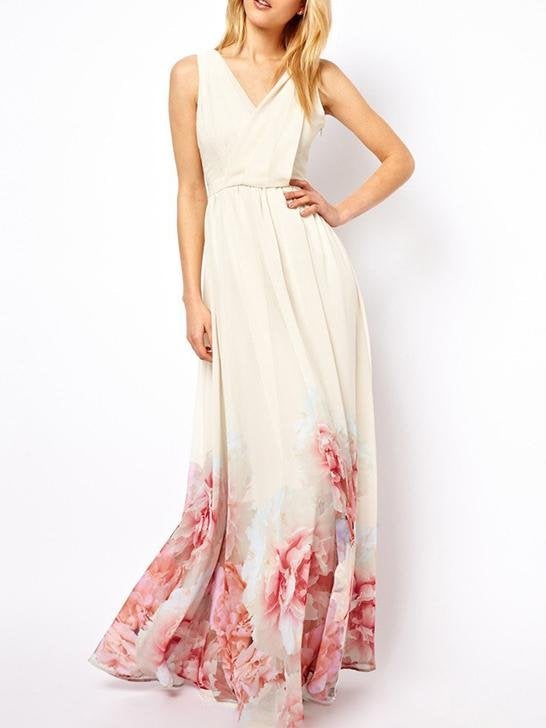 Bohemian Sleeveless Deep V Neck Flower Print Long Dress - Maxi Dresses - INS | Online Fashion Free Shipping Clothing, Dresses, Tops, Shoes - 20/07/2021 - 30-40 - color-white