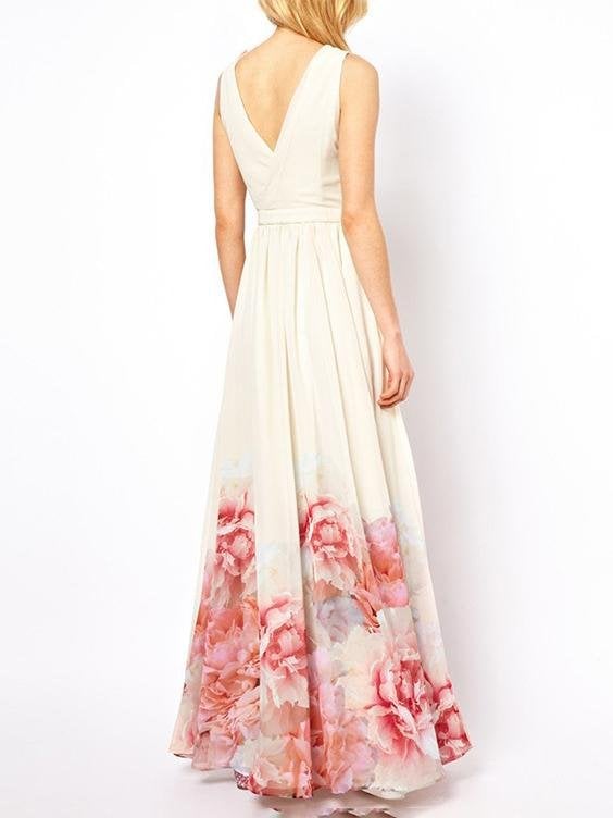Bohemian Sleeveless Deep V Neck Flower Print Long Dress - Maxi Dresses - INS | Online Fashion Free Shipping Clothing, Dresses, Tops, Shoes - 20/07/2021 - 30-40 - color-white