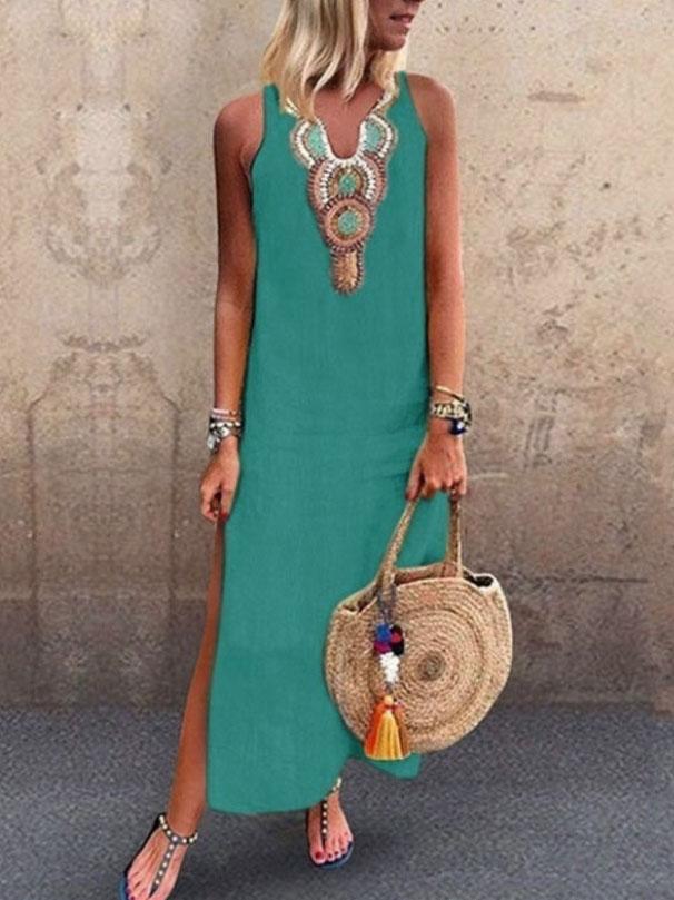 Bohemian Sleeveless Deep V-neck Side Slit Dress - Maxi Dresses - INS | Online Fashion Free Shipping Clothing, Dresses, Tops, Shoes - 20-30 - 20/07/2021 - color-gray