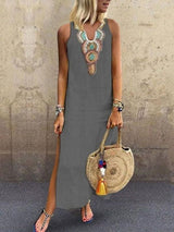 Bohemian Sleeveless Deep V-neck Side Slit Dress - Maxi Dresses - INS | Online Fashion Free Shipping Clothing, Dresses, Tops, Shoes - 20-30 - 20/07/2021 - color-gray