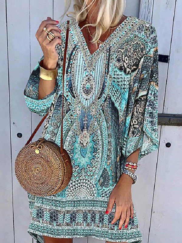 Bohemian V Loose Sleeve Printed Midi Vacation Dress - Midi Dresses - INS | Online Fashion Free Shipping Clothing, Dresses, Tops, Shoes - 22/04/2021 - Catagory_Midi Dresses - Color_Blue