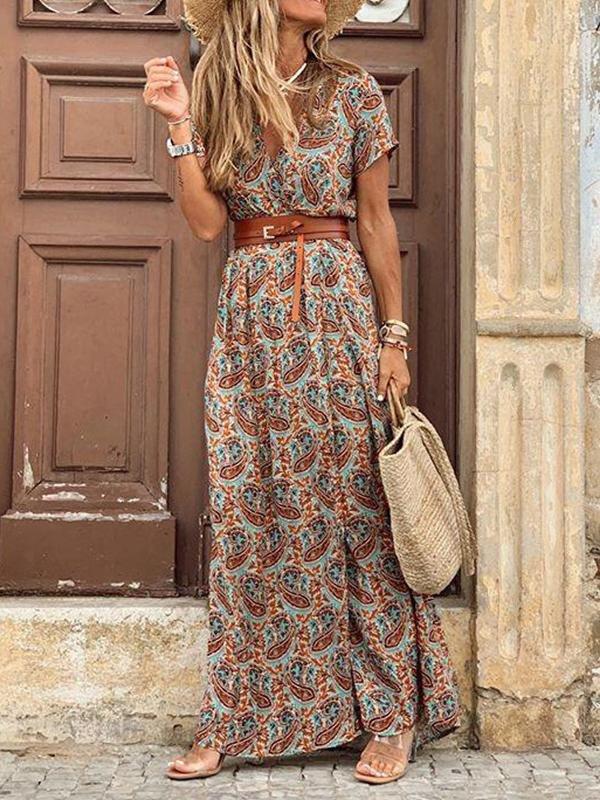 Bohemian V Neck Print A-Line Maxi Dress With Belt - Maxi Dresses - INS | Online Fashion Free Shipping Clothing, Dresses, Tops, Shoes - 24/04/2021 - Category_Maxi Dresses - chiffon-dress