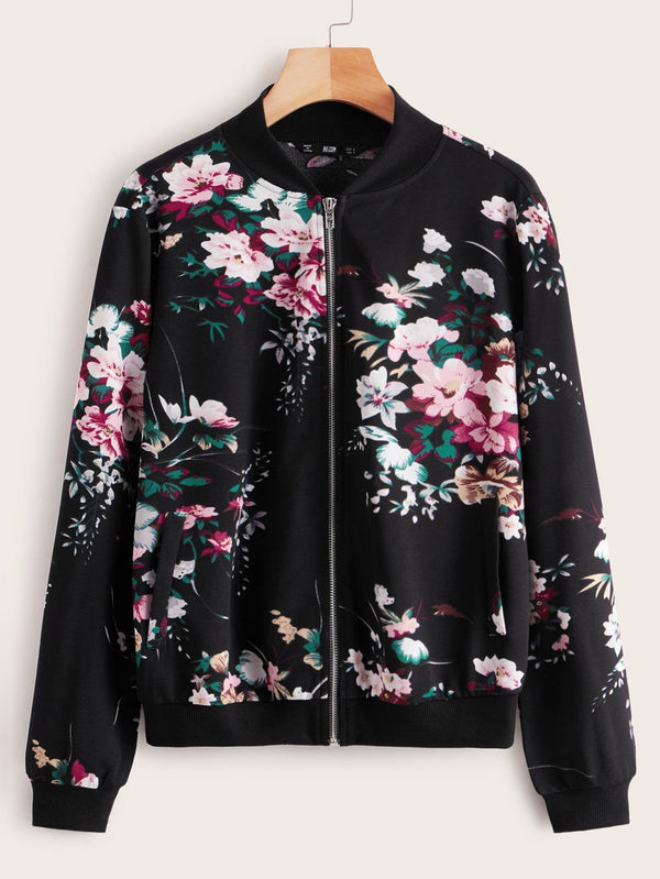 Botanical Print Zip Up Bomber Jacket - INS | Online Fashion Free Shipping Clothing, Dresses, Tops, Shoes