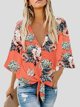 Bow Shirt Leopard/Flower Print V Neck Flared Sleeve Blouse - Blouses - INS | Online Fashion Free Shipping Clothing, Dresses, Tops, Shoes - 10-20 - 27/07/2021 - BLO2107271286