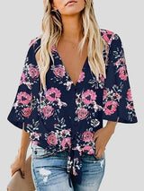 Bow Shirt Leopard/Flower Print V Neck Flared Sleeve Blouse - Blouses - INS | Online Fashion Free Shipping Clothing, Dresses, Tops, Shoes - 10-20 - 27/07/2021 - BLO2107271286