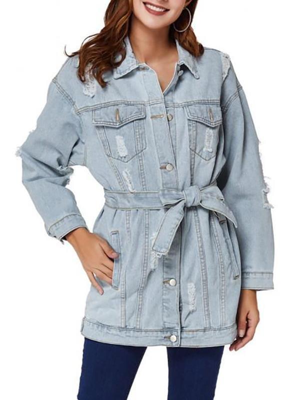 Boyfriend Ripped Light Wash Belt Denim Coat - Coats - INS | Online Fashion Free Shipping Clothing, Dresses, Tops, Shoes - 02/08/2021 - Autumn - Casual