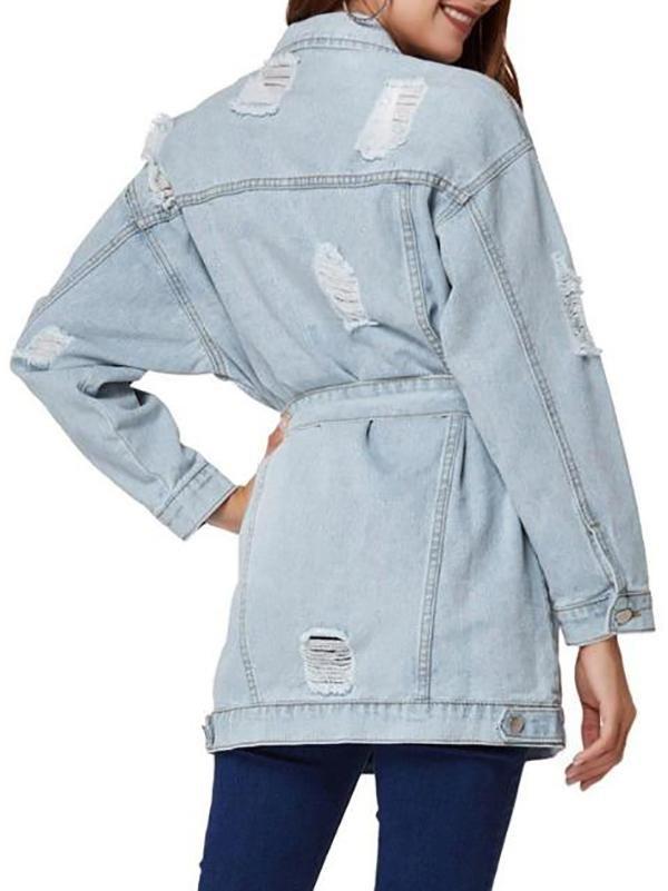 Boyfriend Ripped Light Wash Belt Denim Coat - Coats - INS | Online Fashion Free Shipping Clothing, Dresses, Tops, Shoes - 02/08/2021 - Autumn - Casual