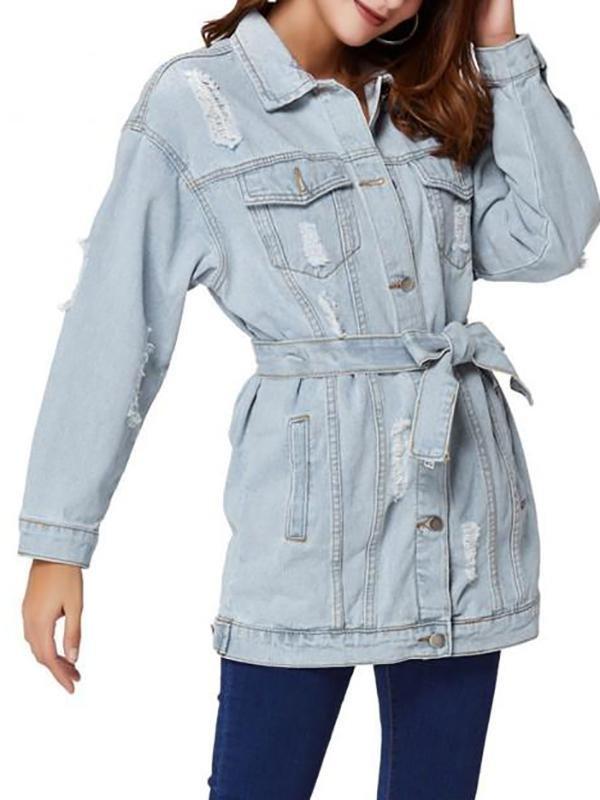 Boyfriend Ripped Light Wash Belt Denim Coat - Coats - INS | Online Fashion Free Shipping Clothing, Dresses, Tops, Shoes - 02/08/2021 - Autumn - Casual