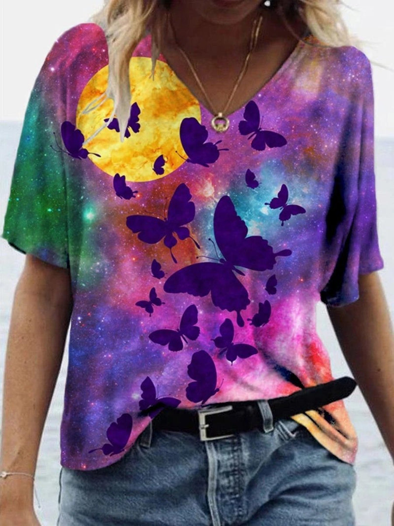 Butterfly & Cat Printed V-neck T-shirt - T-shirts - INS | Online Fashion Free Shipping Clothing, Dresses, Tops, Shoes - 08/06/2021 - Color_Purple - Size_2XL