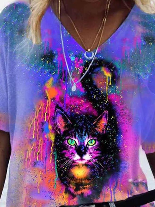Butterfly & Cat Printed V-neck T-shirt - T-shirts - INS | Online Fashion Free Shipping Clothing, Dresses, Tops, Shoes - 08/06/2021 - Color_Purple - Size_2XL
