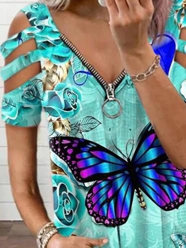 Butterfly Floral Print V-neck Zipper Short Sleeve T-shirt - T-Shirts - INS | Online Fashion Free Shipping Clothing, Dresses, Tops, Shoes - 10/06/2021 - Category_T-Shirts - HDL