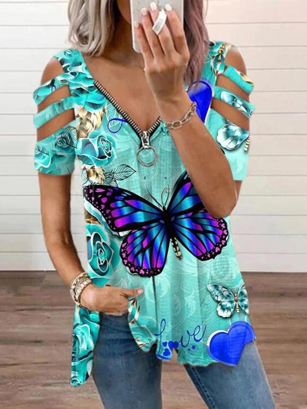 Butterfly Floral Print V-neck Zipper Short Sleeve T-shirt - T-Shirts - INS | Online Fashion Free Shipping Clothing, Dresses, Tops, Shoes - 10/06/2021 - Category_T-Shirts - HDL