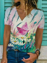 Butterfly Flower Print Loose V-neck Short Sleeve T-shirt - T-Shirts - INS | Online Fashion Free Shipping Clothing, Dresses, Tops, Shoes - 03/06/2021 - Category_T-Shirts - Color_Multicolor