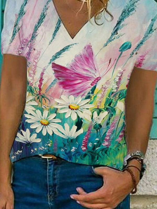 Butterfly Flower Print Loose V-neck Short Sleeve T-shirt - T-Shirts - INS | Online Fashion Free Shipping Clothing, Dresses, Tops, Shoes - 03/06/2021 - Category_T-Shirts - Color_Multicolor