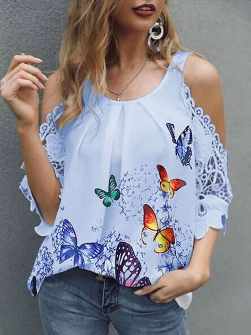 Butterfly Hollow Sleeve Casual Blouses - Blouses - INS | Online Fashion Free Shipping Clothing, Dresses, Tops, Shoes - 10-20 - 27/07/2021 - BLO2107271273