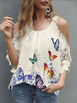 Butterfly Hollow Sleeve Casual Blouses - Blouses - INS | Online Fashion Free Shipping Clothing, Dresses, Tops, Shoes - 10-20 - 27/07/2021 - BLO2107271273