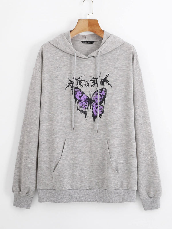 Butterfly Print Kangaroo Pocket Drawstring Hoodie - INS | Online Fashion Free Shipping Clothing, Dresses, Tops, Shoes