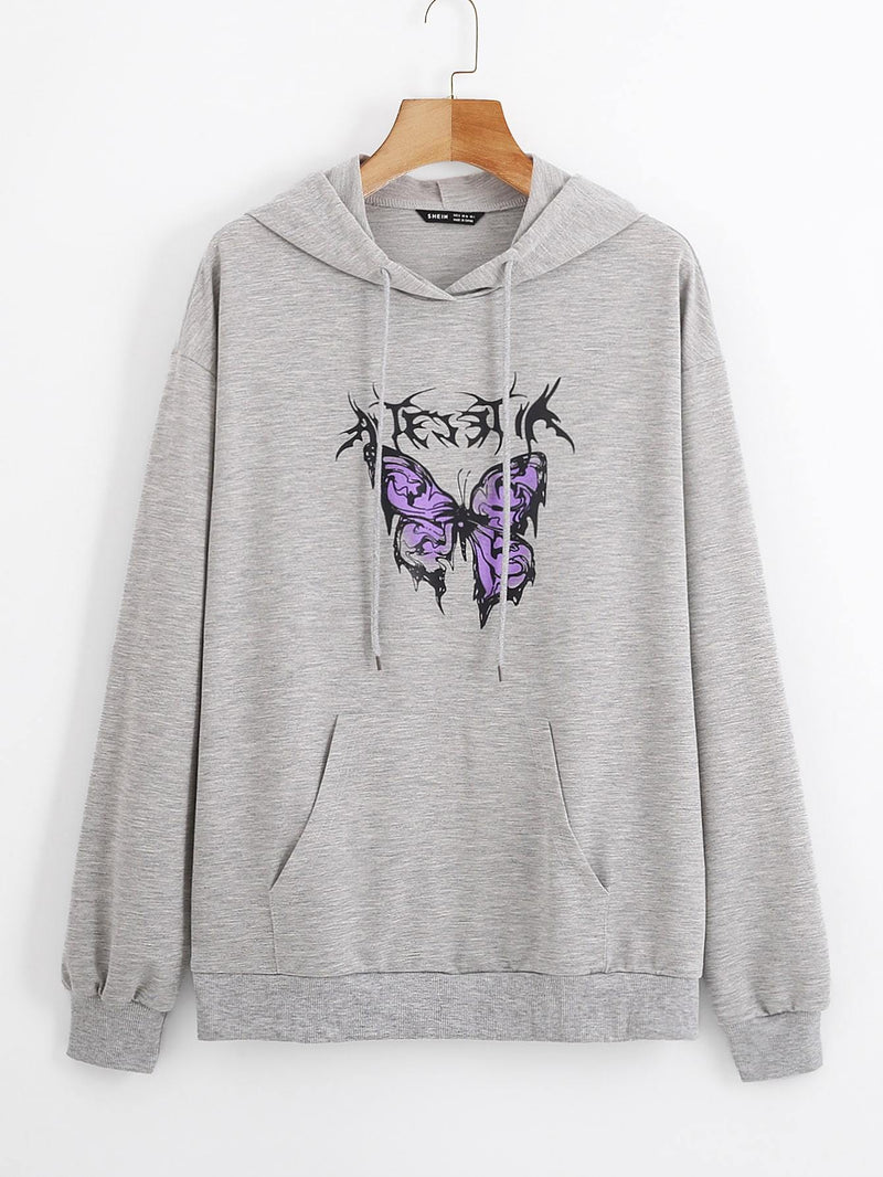 Butterfly Print Kangaroo Pocket Drawstring Hoodie - INS | Online Fashion Free Shipping Clothing, Dresses, Tops, Shoes