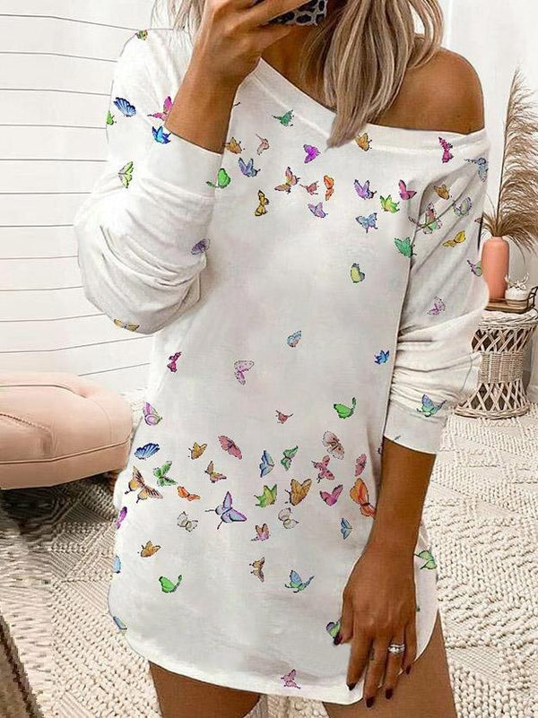 Butterfly Print Long Sleeve T-Shirt Dress - Mini Dresses - INS | Online Fashion Free Shipping Clothing, Dresses, Tops, Shoes - 10-20 - 30/07/2021 - Category_Mini Dresses