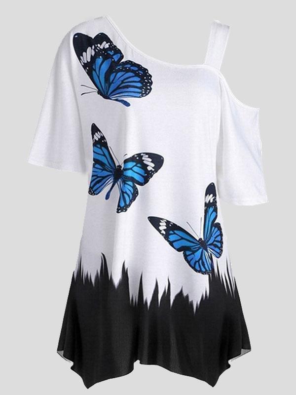 Butterfly Print One-shoulder Short-sleeved T-shirt - T-shirts - INS | Online Fashion Free Shipping Clothing, Dresses, Tops, Shoes - 10-20 - 15/07/2021 - color-black