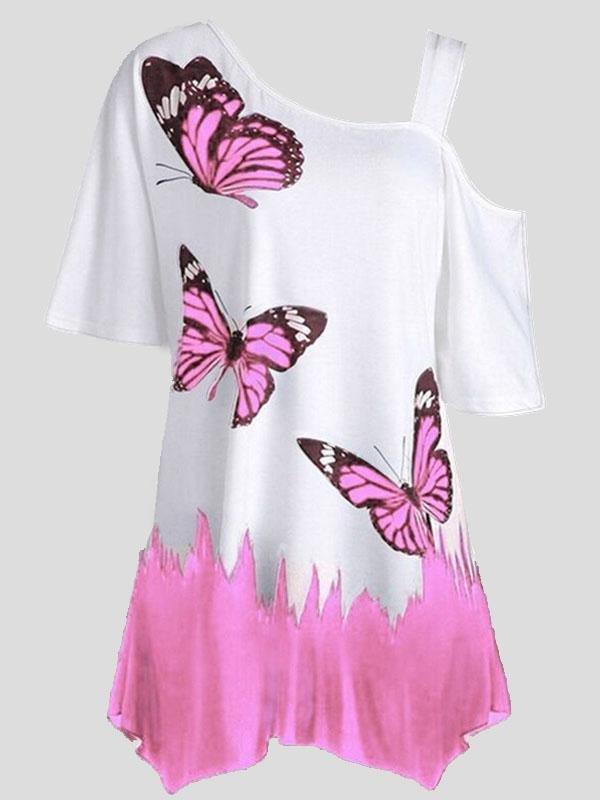 Butterfly Print One-shoulder Short-sleeved T-shirt - T-shirts - INS | Online Fashion Free Shipping Clothing, Dresses, Tops, Shoes - 10-20 - 15/07/2021 - color-black