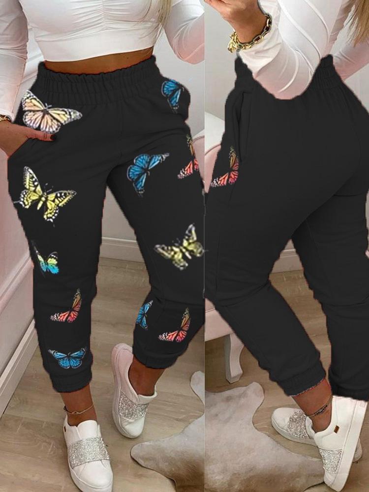 Butterfly Print Pocket Design Shirring Waist Casual Pants - Pants - INS | Online Fashion Free Shipping Clothing, Dresses, Tops, Shoes - 04/05/2021 - Category_Pants - Color_Black