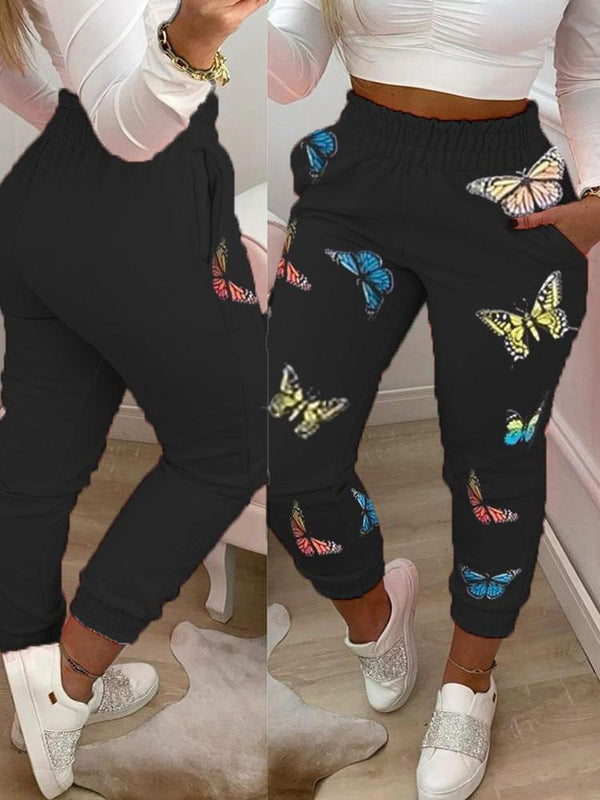 Butterfly Print Pocket Design Shirring Waist Casual Pants - Pants - INS | Online Fashion Free Shipping Clothing, Dresses, Tops, Shoes - 04/05/2021 - Category_Pants - Color_Black