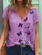 Butterfly Print Short-sleeved V-neck T-shirt - T-shirts - INS | Online Fashion Free Shipping Clothing, Dresses, Tops, Shoes - 10-20 - 22/06/2021 - color-blue