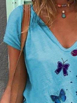 Butterfly Print Short-sleeved V-neck T-shirt - T-shirts - INS | Online Fashion Free Shipping Clothing, Dresses, Tops, Shoes - 10-20 - 22/06/2021 - color-blue