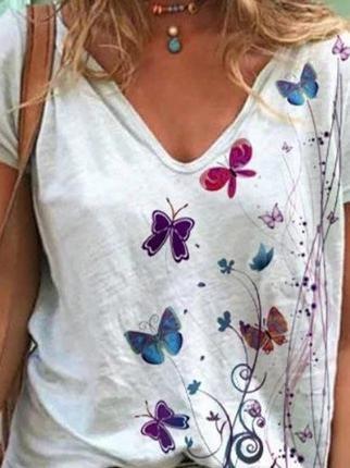 Butterfly Print Short-sleeved V-neck T-shirt - T-shirts - INS | Online Fashion Free Shipping Clothing, Dresses, Tops, Shoes - 10-20 - 22/06/2021 - color-blue