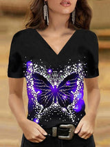 Butterfly Print V-neck T-shirt - T-shirts - INS | Online Fashion Free Shipping Clothing, Dresses, Tops, Shoes - 08/07/2021 - 10-20 - color-black