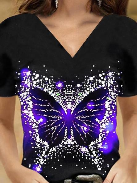 Butterfly Print V-neck T-shirt - T-shirts - INS | Online Fashion Free Shipping Clothing, Dresses, Tops, Shoes - 08/07/2021 - 10-20 - color-black