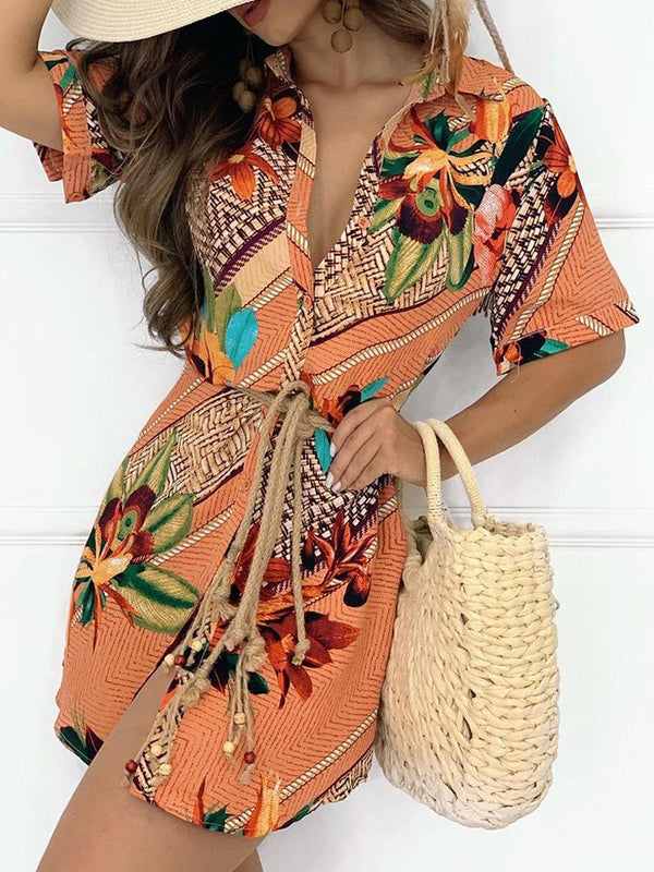 Button Design Graphic Tropical Print Short Sleeve Shirt Dress - Mini Dresses - INS | Online Fashion Free Shipping Clothing, Dresses, Tops, Shoes - 28/04/2021 - Category_Mini Dresses - Color_Multicolor