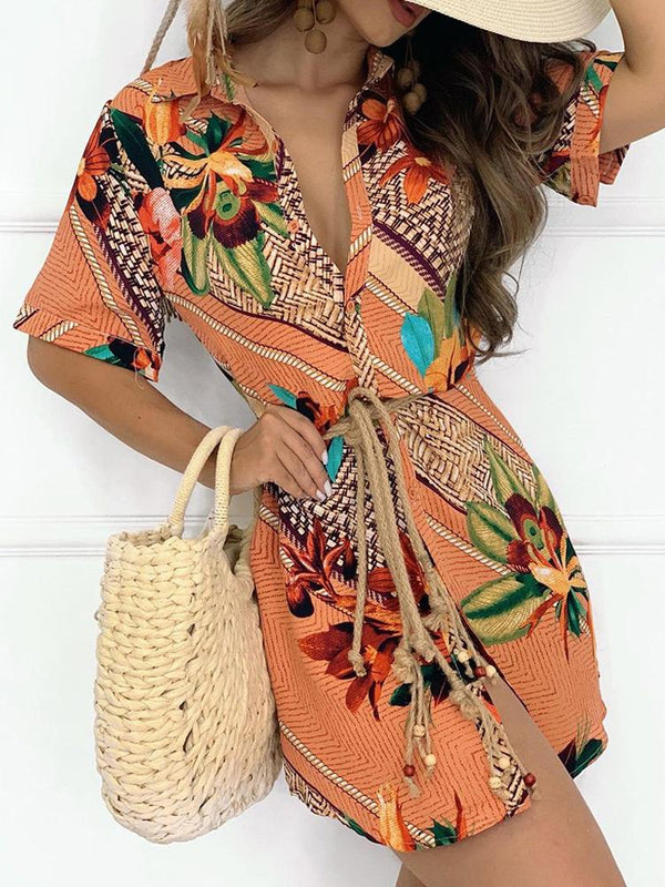 Button Design Graphic Tropical Print Short Sleeve Shirt Dress - Mini Dresses - INS | Online Fashion Free Shipping Clothing, Dresses, Tops, Shoes - 28/04/2021 - Category_Mini Dresses - Color_Multicolor