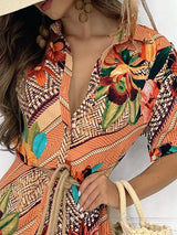 Button Design Graphic Tropical Print Short Sleeve Shirt Dress - Mini Dresses - INS | Online Fashion Free Shipping Clothing, Dresses, Tops, Shoes - 28/04/2021 - Category_Mini Dresses - Color_Multicolor