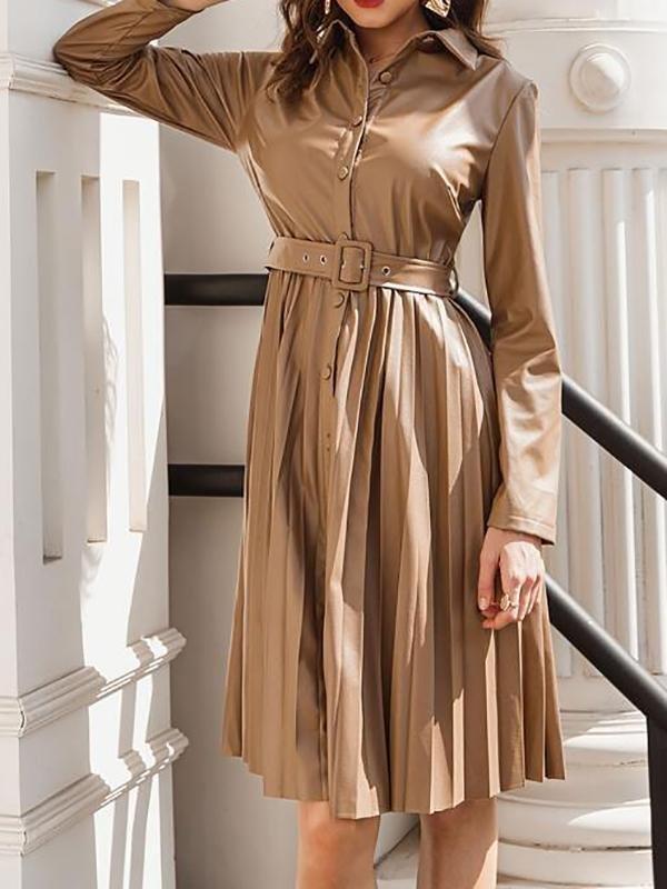 Button Front Belted Pleated PU Leather Dress - Dresses - INS | Online Fashion Free Shipping Clothing, Dresses, Tops, Shoes - 02/02/2021 - Autumn - Camel