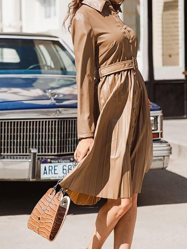 Button Front Belted Pleated PU Leather Dress - Dresses - INS | Online Fashion Free Shipping Clothing, Dresses, Tops, Shoes - 02/02/2021 - Autumn - Camel