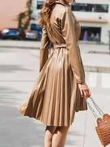 Button Front Belted Pleated PU Leather Dress - Dresses - INS | Online Fashion Free Shipping Clothing, Dresses, Tops, Shoes - 02/02/2021 - Autumn - Camel
