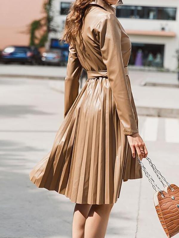 Button Front Belted Pleated PU Leather Dress - Dresses - INS | Online Fashion Free Shipping Clothing, Dresses, Tops, Shoes - 02/02/2021 - Autumn - Camel