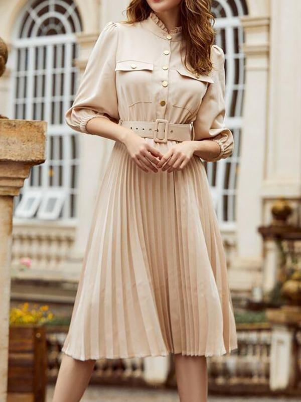 Button Front Buckle Belted Pleated Dress - Dresses - INS | Online Fashion Free Shipping Clothing, Dresses, Tops, Shoes - 02/02/2021 - Apricot - Autumn