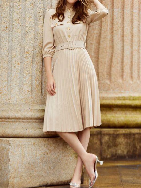Button Front Buckle Belted Pleated Dress - Dresses - INS | Online Fashion Free Shipping Clothing, Dresses, Tops, Shoes - 02/02/2021 - Apricot - Autumn